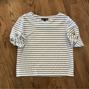 Banana Republic White and Navy Vintage Striped Top with Uniquely Ruffled Sleeves